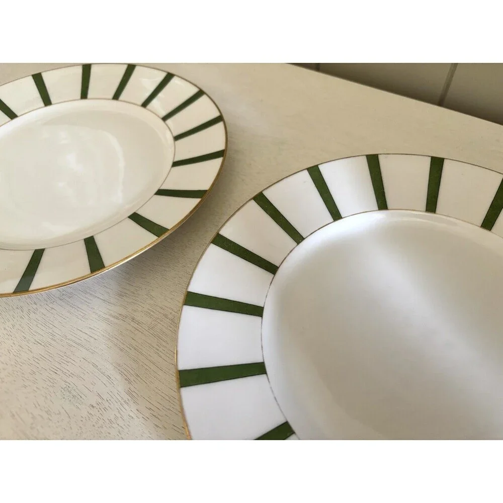 Vtg Pair 2 Appetizer Salad Plates Limoges France 8.5” Stripe Gold Trim Art Deco